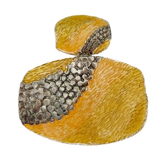 Sunny Yellow Orange and Silver Tone Statement Necklace Pendant Textured Bright - Picture 9 of 10